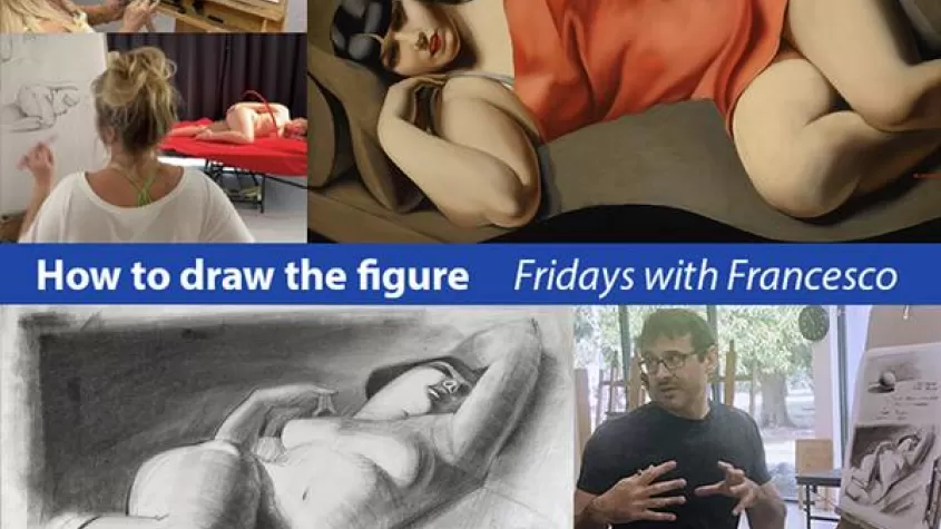 four pictures, one of a nude woman sketch, one of a model, one of the instructor and one of two women sketching on an easle