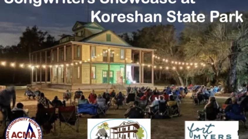 Image of a building with the text "Songwriters Showcase at Koreshan State Park"