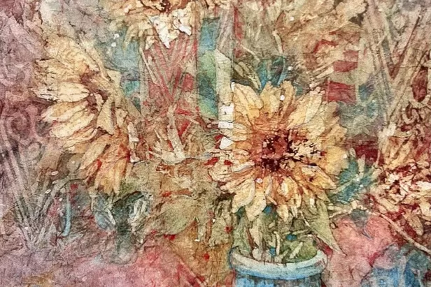 abstract image of sunflowers done in batik style painting
