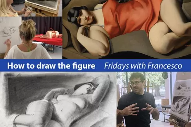four pictures, one of a nude woman sketch, one of a model, one of the instructor and one of two women sketching on an easle
